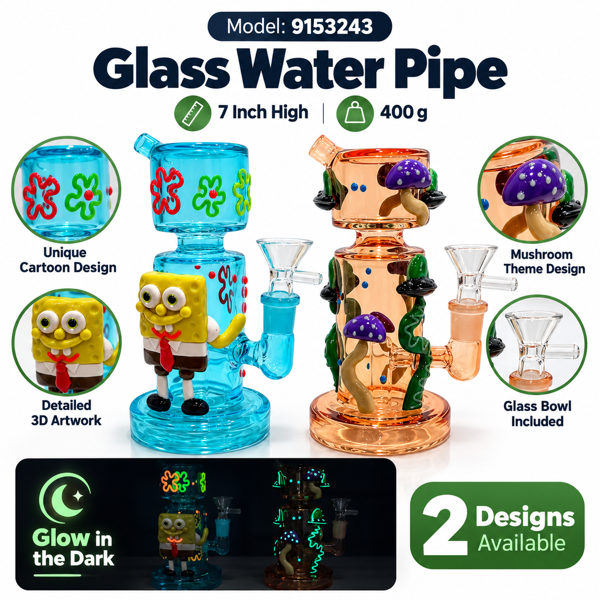 9153243 Glass Water Pipe – Glow in the Dark – 7 Inch