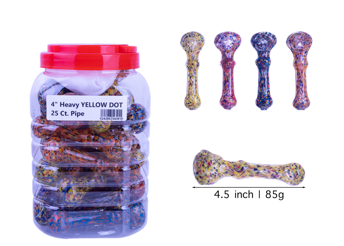 4" Heavy Yellow Dot Glass Hand Pipe jar of 25ct