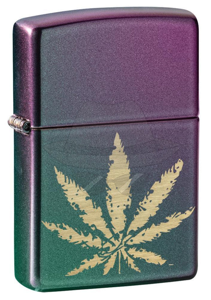 #050 Zippo Lighter: Chrome Marijuana Leaf Design
