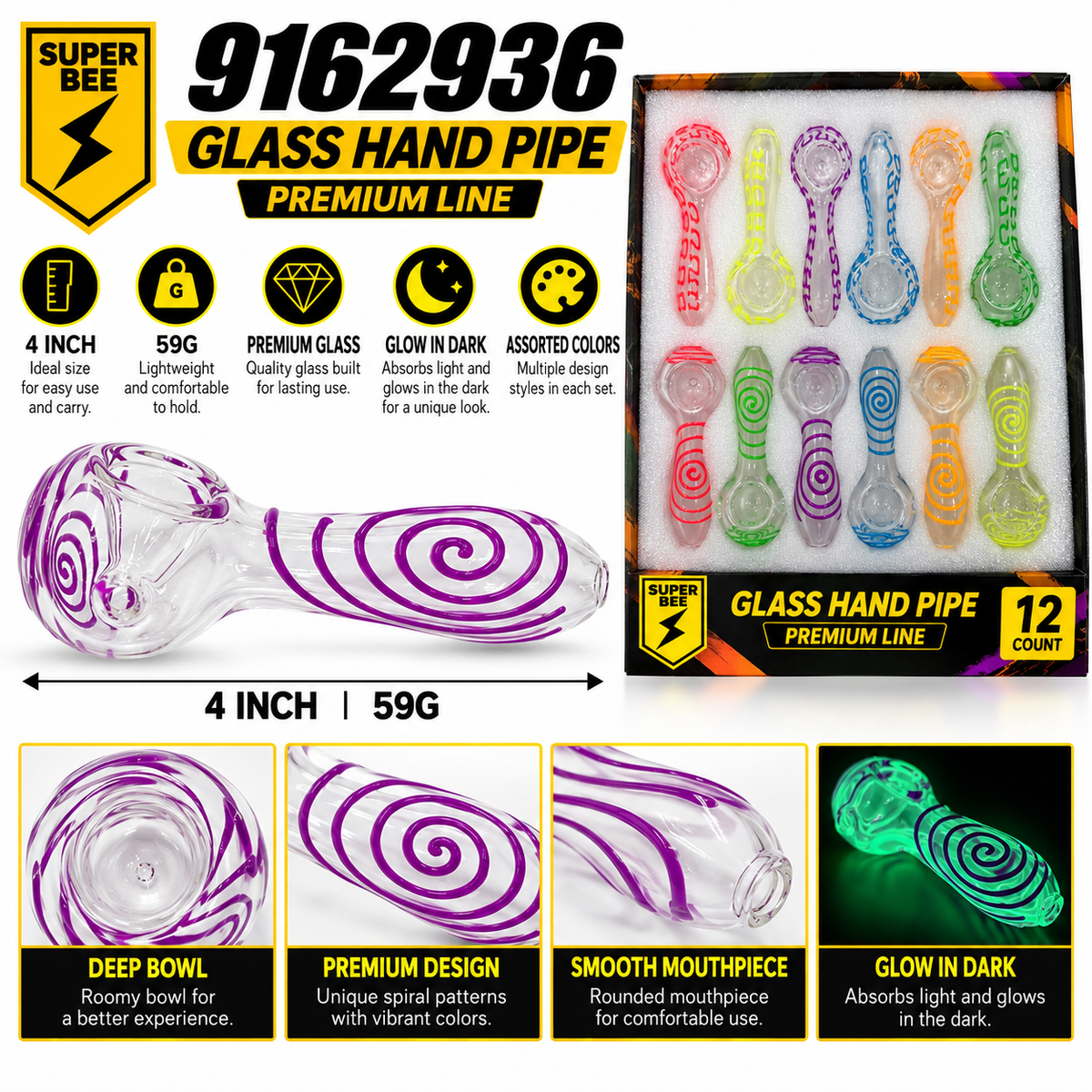 Glow-in-Dark Glass Hand Pipe - Display of 12 – Style 1