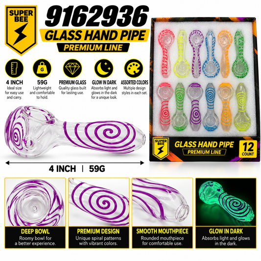 Glow-in-Dark Glass Hand Pipe - Display of 12 – Style 1