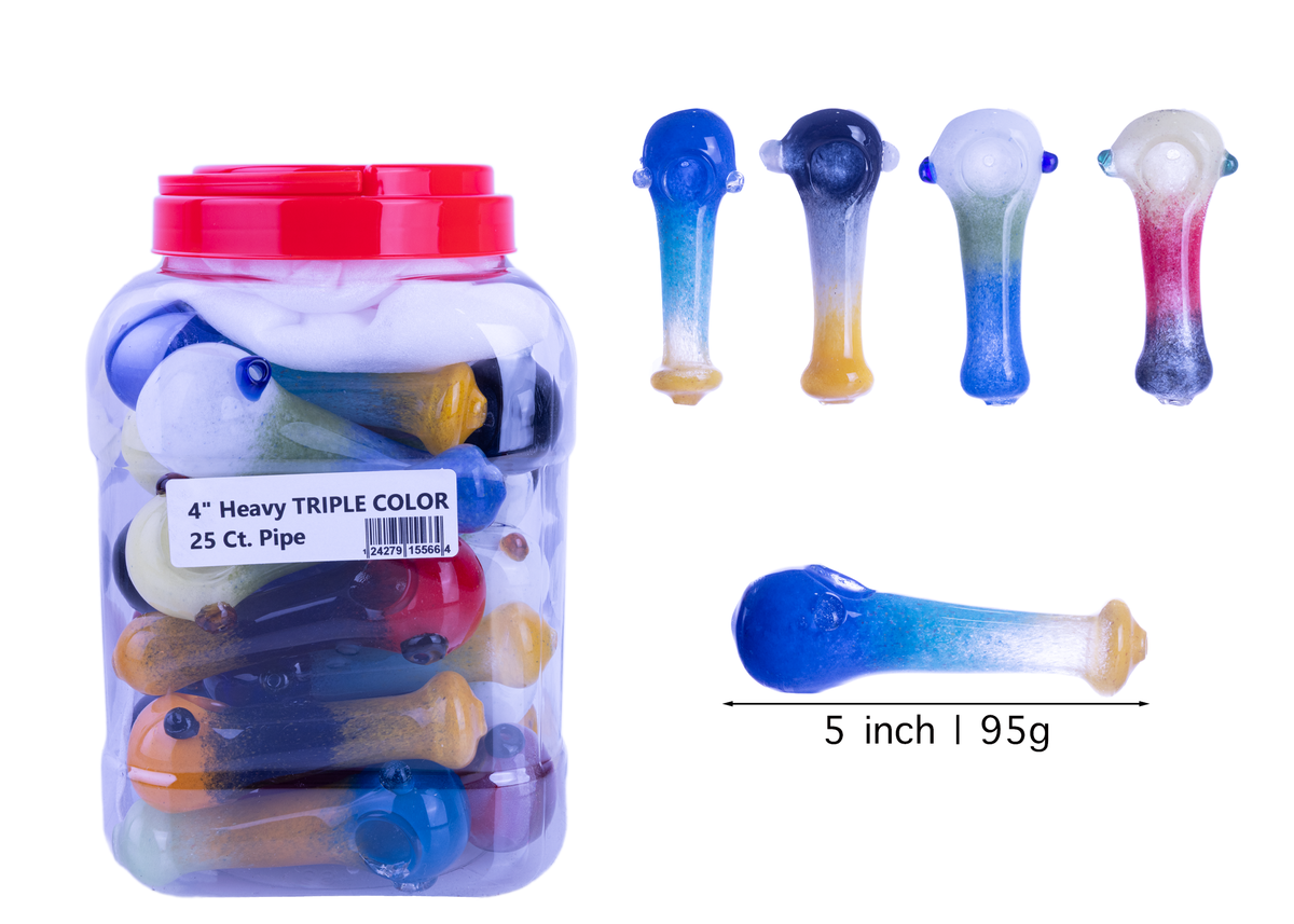 4" Heavy Triple Color Glass Hand Pipe jar of 25ct