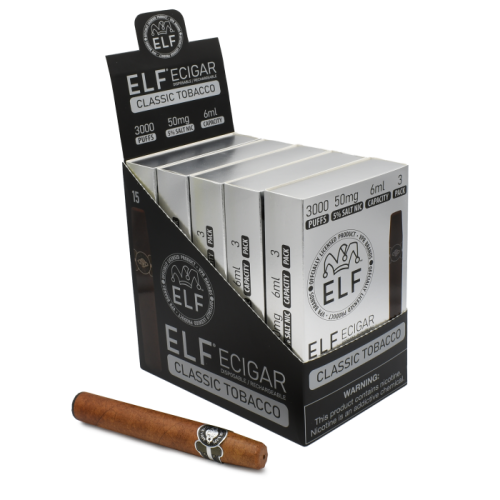 Elf Cigar Vape Disposable - 3000 Classic Tobacco Puffs- Pack of 3 - Display of 5 Packs