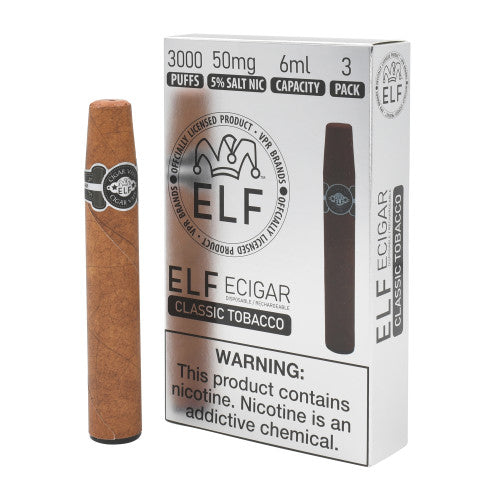 Elf Cigar Vape Disposable - 3000 Classic Tobacco Puffs- Pack of 3 - Display of 5 Packs