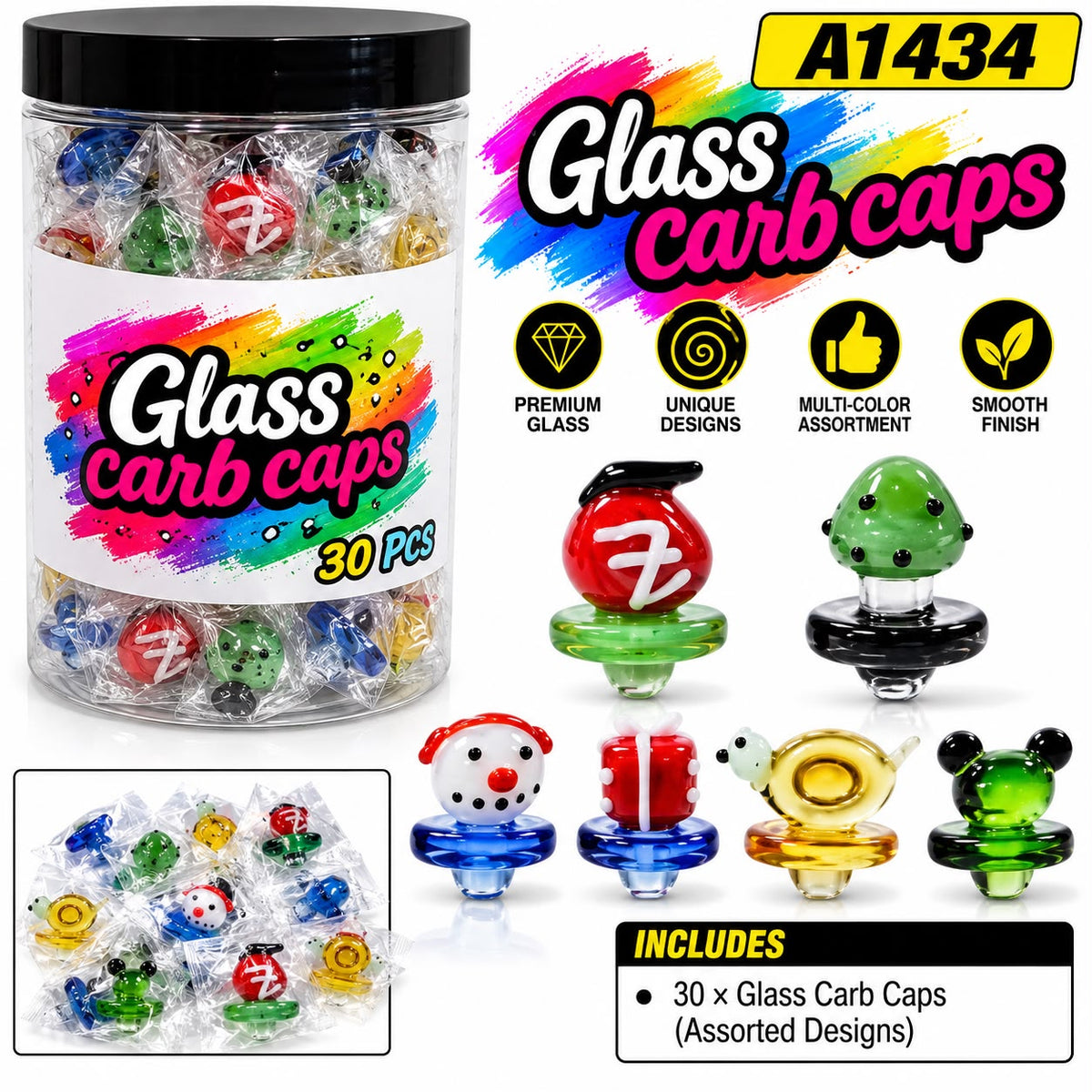 Assorted Design Glass Carb - Jar of 30