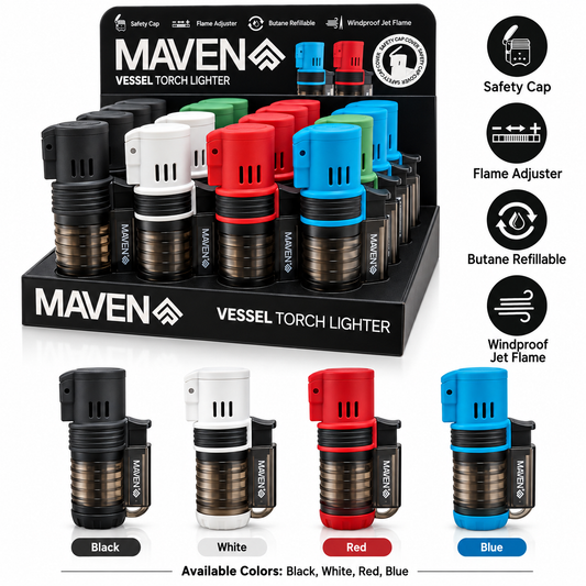 Maven Vessel Torch Lighter – 16 Count Display – Assorted Colors