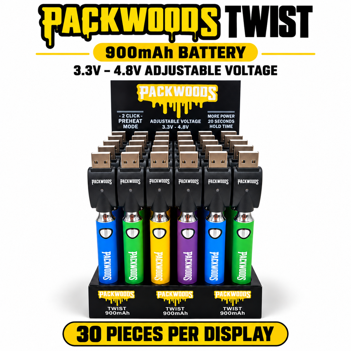 Packwoods Twist 900mAh Variable Voltage Battery – 30-Piece Display