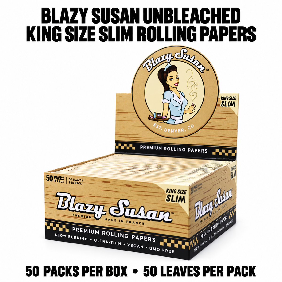 Blazy Susan Unbleached King Size Slim Rolling Papers — 50-Pack Box