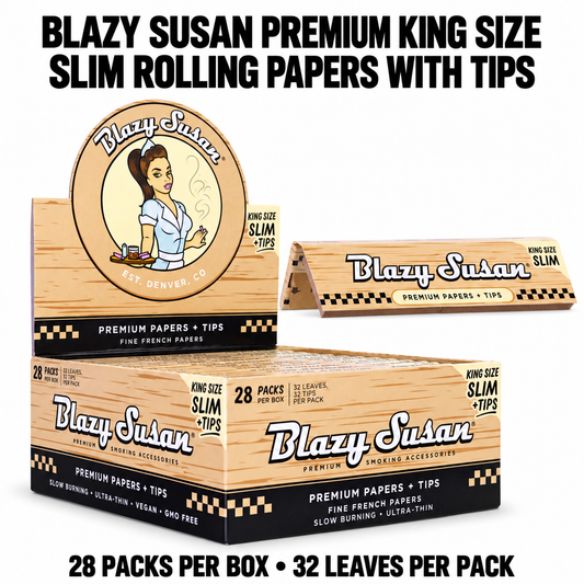 Blazy Susan Premium King Size Slim Rolling Papers with Tips — 28-Pack Box