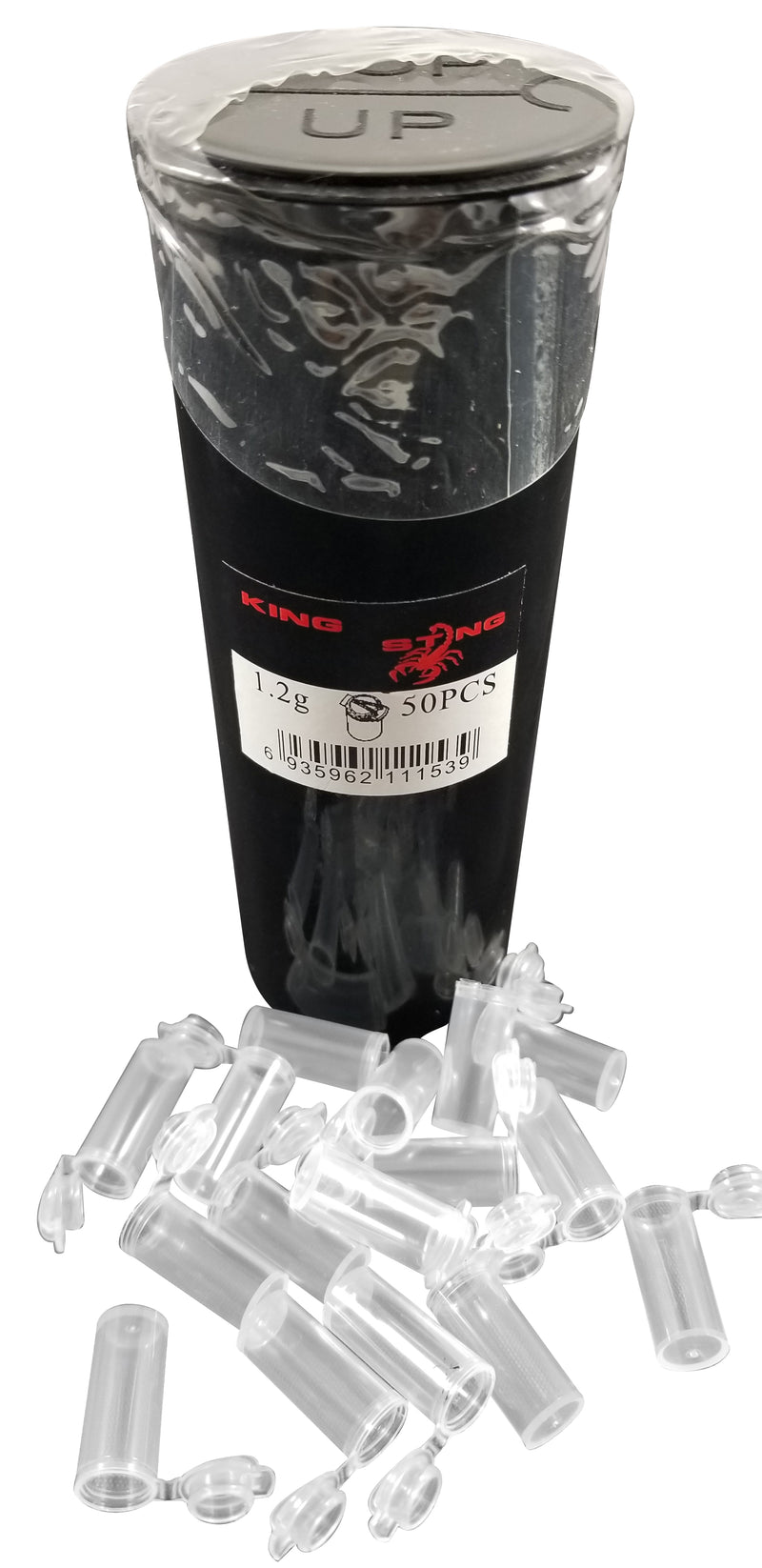 Load image into Gallery viewer, King Sting Mini Pop Top 50 (2cm x 1cm, 1.2 Gram) Plastic Containers w/60 Dram Prescription RX Black Squeeze Top Pill Container
