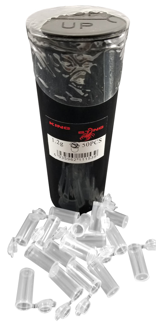 King Sting Mini Pop Top 50 (2cm x 1cm, 1.2 Gram) Plastic Containers w/60 Dram Prescription RX Black Squeeze Top Pill Container