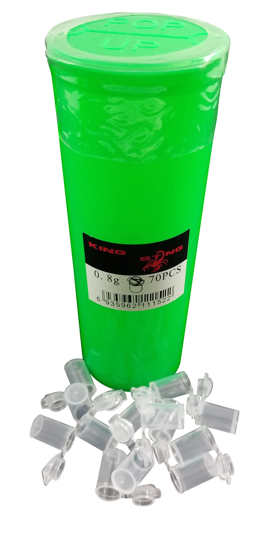King Sting Mini Pop Top 70 (1.5cm x 1cm, .8 Gram) Plastic Containers w/60 Dram Prescription RX Green Squeeze Top Pill Container