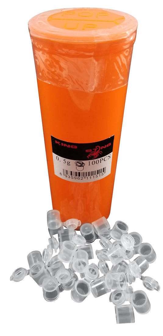 King Sting Mini Pop Top 100 (1cm x 1cm, .5 Gram) Plastic Containers w/60 Dram Prescription RX Orange Squeeze Top Pill Container